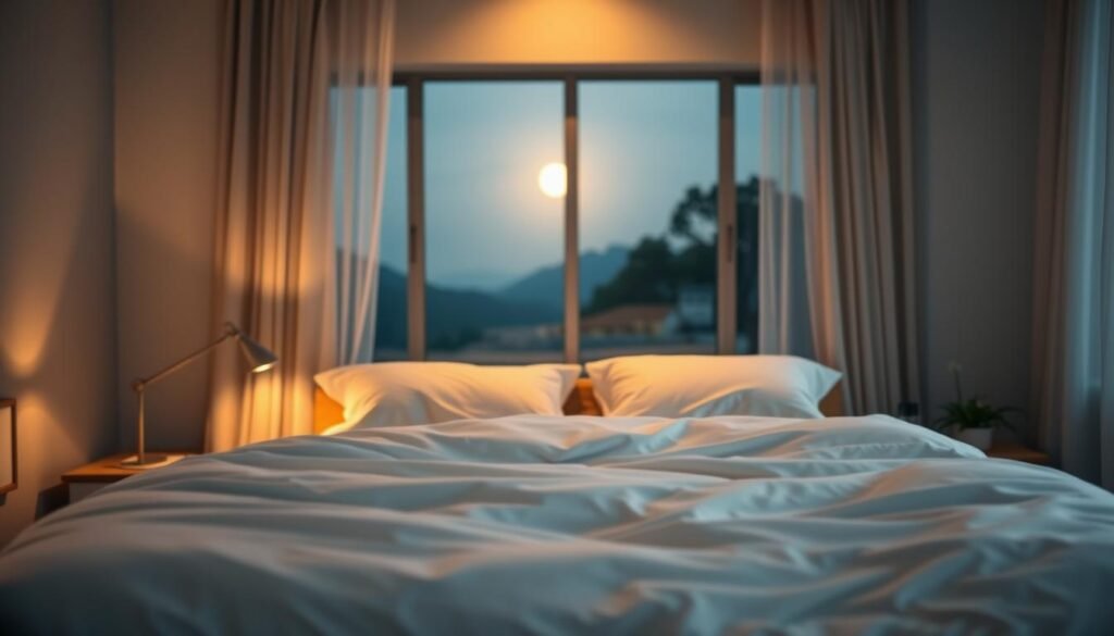 A serene and calming bedroom scene, bathed in warm, diffused lighting. In the foreground, a comfortable-looking bed with crisp, white linens and a plush, inviting duvet. Nightstands on either side hold a reading lamp and a glass of water, suggesting an environment conducive to relaxation and restful sleep. The middle ground features a large window, framed by flowing, sheer curtains, offering a view of a tranquil, moonlit landscape. The background is subtly blurred, creating a sense of depth and emphasizing the focus on the bed and its surroundings. The overall atmosphere is one of peace, tranquility, and the promise of a good night's sleep.