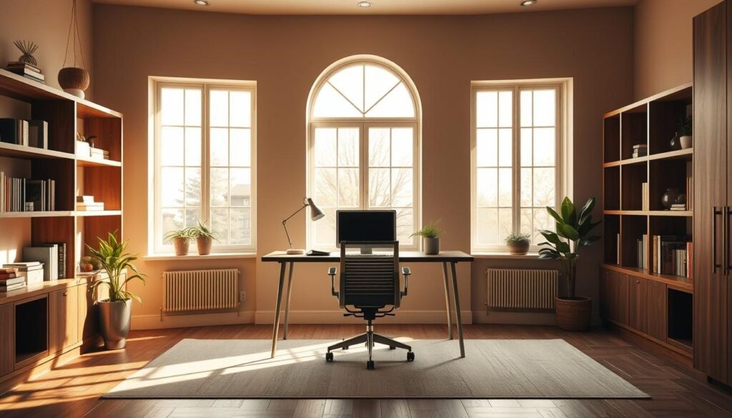 A serene and minimalist home office design, bathed in warm, natural lighting from large windows. The focal point is a clean, uncluttered desk setup with a modern, ergonomic chair positioned in front of it. Shelves along the walls display a few carefully curated books and plants, creating a calming, productivity-enhancing atmosphere. The room's color palette consists of muted earth tones, with wooden accents complementing the sleek, modern furnishings. An overall sense of order and focus pervades the space, reflecting the "deep work" mindset.