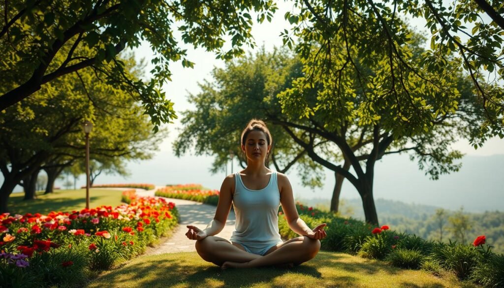 A serene and tranquil scene depicting the concept of "Atenção plena" (Mindfulness). In the foreground, a person sits in a peaceful meditation pose, their eyes closed and expression calm. Soft natural lighting filters through the branches of a lush, verdant tree canopy overhead, casting gentle shadows on the figure. In the middle ground, a path winds through a garden of vibrant, blooming flowers, inviting the viewer to slow down and be present. The background features a distant horizon, hazy and dreamlike, suggesting a sense of limitless possibility and inner exploration. The overall mood is one of profound stillness, inviting the viewer to pause, breathe, and reconnect with the present moment.
