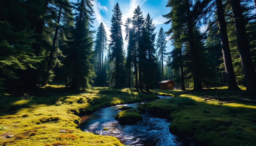 A serene forest landscape, with towering evergreen trees casting long shadows on the mossy ground below. In the foreground, a tranquil stream winds through the undergrowth, its crystal-clear waters reflecting the surrounding foliage. A gentle breeze rustles the leaves, creating a soothing, calming atmosphere. In the middle ground, a small, simple cabin nestled among the trees, its warm, earthy tones blending seamlessly with the natural environment. The lighting is soft and diffused, creating a sense of peace and balance. Overhead, a clear, blue sky with wispy clouds, conveying a feeling of openness and rejuvenation. The overall scene evokes a sense of environmental detoxification and digital disconnect, inviting the viewer to immerse themselves in nature's restorative power.
