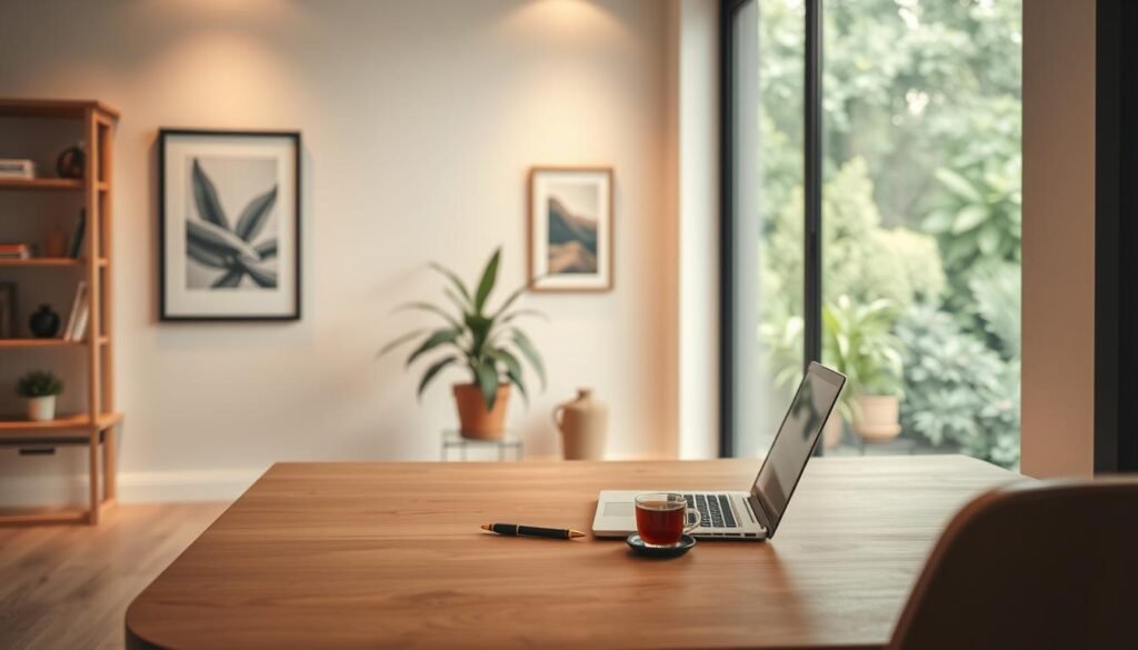 A serene, minimalist study space with warm, diffused lighting and clean lines. In the foreground, a simple wooden desk with a laptop, pen, and a cup of tea. In the middle ground, a large houseplant and a framed nature print on the wall, conveying a sense of grounding and focus. The background features a large window overlooking a lush, tranquil garden, inviting contemplation and cognitive rejuvenation. The overall atmosphere is one of intentionality, calm, and clarity - a sanctuary for productive routines and mental renewal.