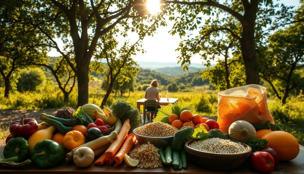 A serene, natural setting with a lush, verdant landscape. In the foreground, a table set with a variety of fresh, vibrant produce - seasonal fruits, crisp vegetables, and wholesome grains. Sunlight filters through the trees, casting a warm, golden glow over the scene. In the middle ground, a person sitting at the table, mindfully preparing a simple, nourishing meal, their movements deliberate and focused. In the background, a sense of tranquility and harmony, with a clear blue sky and distant hills. The overall atmosphere conveys a deep appreciation for the source of the food, and a commitment to conscious, sustainable eating practices.