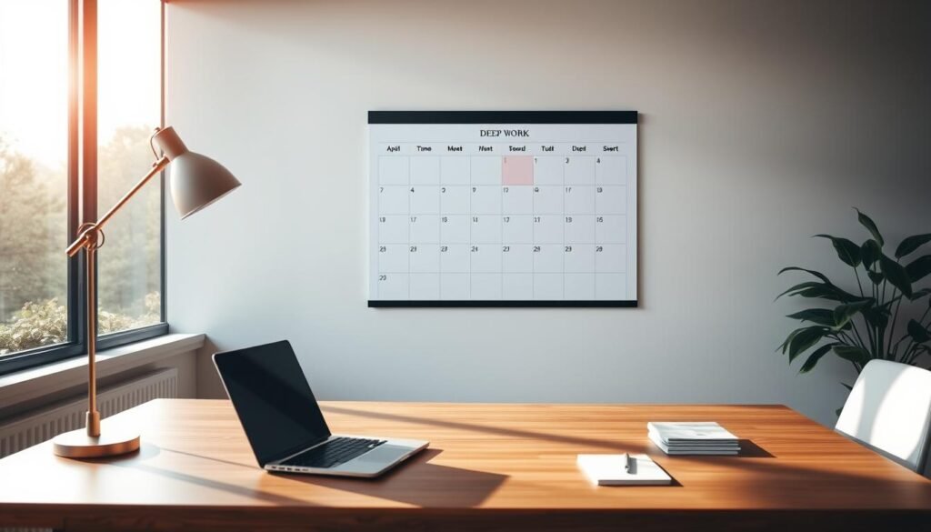 A serene office workspace bathed in soft, natural lighting. In the foreground, a wooden desk with a minimalist setup - a laptop, a few carefully arranged office supplies, and an elegant desk lamp. The middle ground features a large calendar on the wall, highlighting a strategically blocked-off time slot labeled "Deep Work". The background showcases a large window overlooking a tranquil, lush outdoor scene, creating a calming, distraction-free environment. The overall atmosphere is one of focus, productivity, and a sense of intentional time management.