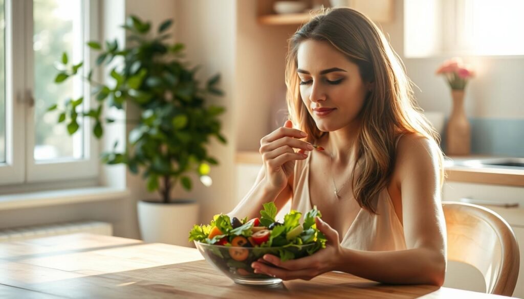 A serene, sun-dappled kitchen setting, with a woman sitting at a wooden table, mindfully savoring a fresh, vibrant salad. Soft natural lighting illuminates the scene, casting warm, gentle shadows. The woman's expression is one of calm focus, as she takes her time to appreciate each bite, her movements unhurried and deliberate. In the background, a lush, green plant and a simple vase of flowers add to the sense of tranquility. The overall mood is one of mindfulness, balance, and nourishment, perfectly capturing the essence of "Superando Desafios e Barreiras" in the context of mindful eating.