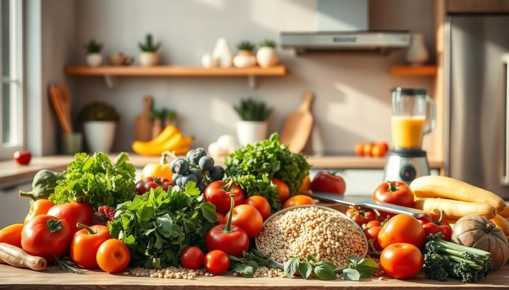 A serene, sunlit kitchen with a vibrant array of whole, fresh foods arranged in the foreground: crisp vegetables, juicy fruits, hearty grains, and aromatic herbs. In the middle ground, a cutting board with a knife and a stack of leafy greens, symbolizing the preparation of a nourishing meal. The background features a sleek, modern kitchen appliance, such as a blender or juicer, hinting at the potential for nutrient-dense smoothies or juices. Warm, natural lighting filters in from a large window, casting a soft glow over the scene and conveying a sense of calm and wellbeing. The overall composition suggests a wholesome, anti-inflammatory approach to food and its role in supporting brain health.