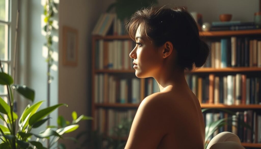 A serene, thoughtful individual sits in a sunlit room, surrounded by lush greenery and natural elements. The figure's face is in profile, their gaze introspective, as if contemplating the intricate interplay between the mind, body, and spirit. Soft, diffused lighting filters through the scene, creating a sense of tranquility and focus. In the background, a bookshelf filled with volumes on mindfulness, psychology, and personal growth suggests the importance of mental nourishment. The overall atmosphere conveys the idea of "mental nutrition" - a harmonious balance between intellectual stimulation and emotional well-being, enabling sustained energy and concentration for the challenges of daily work.