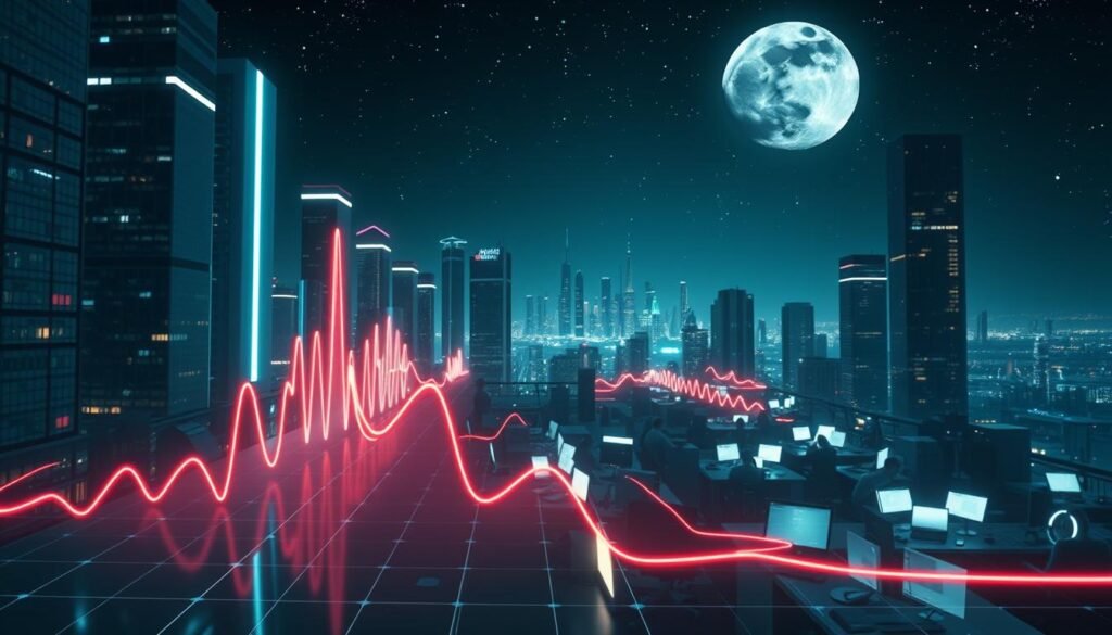 A sleek, futuristic cityscape bathed in cool, pulsating neon lights. In the foreground, a digital display showcases a circadian rhythm graph, the peaks and valleys visualizing the natural cycles of the human body. In the middle ground, a busy office setting with workers hunched over glowing screens, the modern technological landscape clashing with the primal rhythms of the natural world. In the background, a starry night sky with a full moon, a timeless reminder of our connection to the celestial cycles that govern our existence. The scene is imbued with a sense of wonder and contemplation, as if posing the question: how can we balance the demands of technology with the needs of our innate circadian nature?
