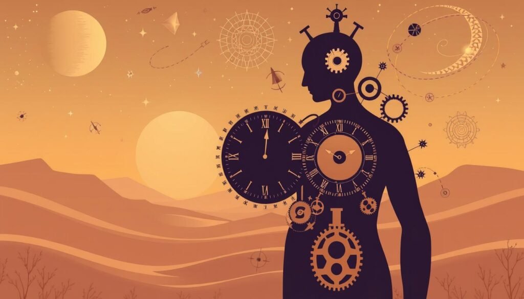 A stylized illustration depicting the concept of "cronotipos" or biological clocks. In the foreground, a central figure representing a person's sleep-wake cycle, with an analog clock face at the heart, surrounded by delicate clockwork gears and mechanisms. The middle ground features a soft, atmospheric landscape with subtle color gradients, evoking the natural rhythms of the circadian cycle. In the background, an array of celestial elements such as the moon, stars, and cosmic swirls, symbolizing the interconnectedness of the human body and the cycles of the universe. Warm, muted tones create a sense of serenity and balance, emphasizing the importance of synchronizing one's internal clock for optimal mental performance.