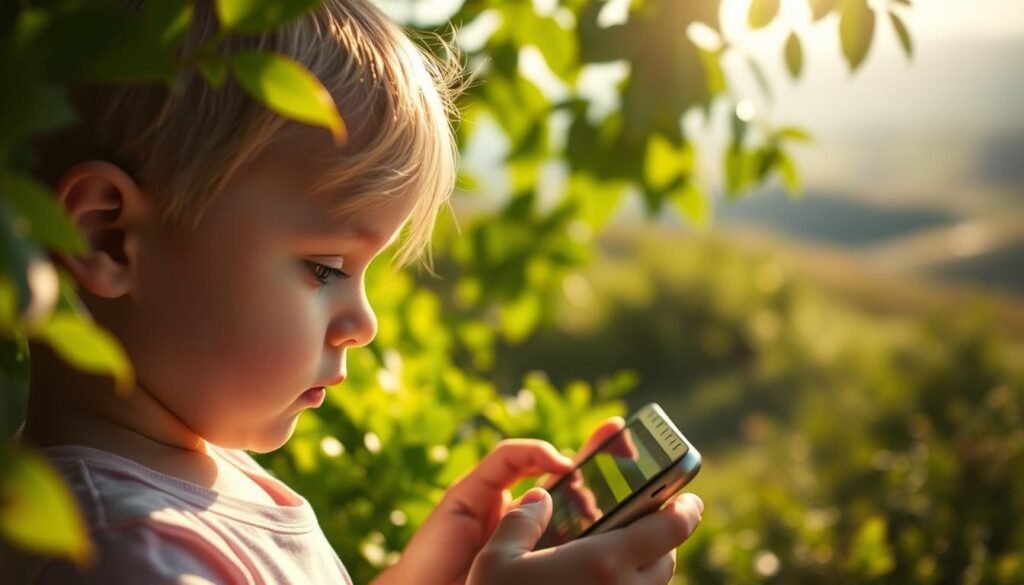 A tranquil, sun-drenched scene of a young child immersed in a tablet, surrounded by vibrant nature. In the foreground, the child's face is serene, their eyes intent on the digital device. The middle ground features lush, verdant foliage, with dappled light filtering through the leaves. In the background, a soft, blurred landscape of rolling hills and a distant horizon, creating a sense of calm and balance. The lighting is warm and gentle, with a touch of golden hour glow. The overall mood is one of contemplation and the intersection of technology and early childhood development.