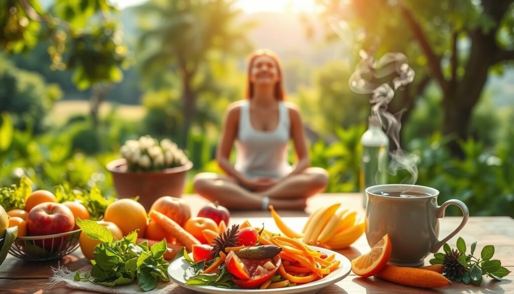 A vibrant and serene scene depicting the connection between diet and mood. In the foreground, a table with a nourishing plant-based meal, colorful fruits, and a steaming cup of herbal tea. In the middle ground, a person sitting cross-legged, eyes closed, radiating a sense of inner calm and contentment. The background is a soothing natural landscape, with soft natural lighting filtering through lush greenery. The overall atmosphere conveys a harmonious balance between the physical and mental aspects of well-being, encouraging a mindful and healthful approach to living.