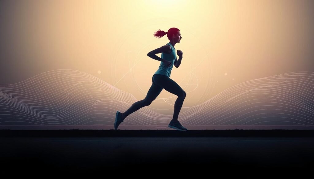 A vibrant scene of a person engaged in dynamic physical activity, surrounded by the rhythmic patterns of circadian cycles. The foreground depicts a person jogging with purposeful strides, their body in fluid motion against a backdrop of gently undulating lines and soft gradients, evoking the ebbs and flows of biological rhythms. The middle ground features geometric shapes and organic motifs, representing the intricate dance between activity and the body's internal clock. The background showcases a serene, contemplative atmosphere, with subtle lighting and muted hues that convey the calming influence of synchronizing physical and mental states. The overall composition seeks to capture the harmonious interplay between exercise and the regulation of circadian rhythms.