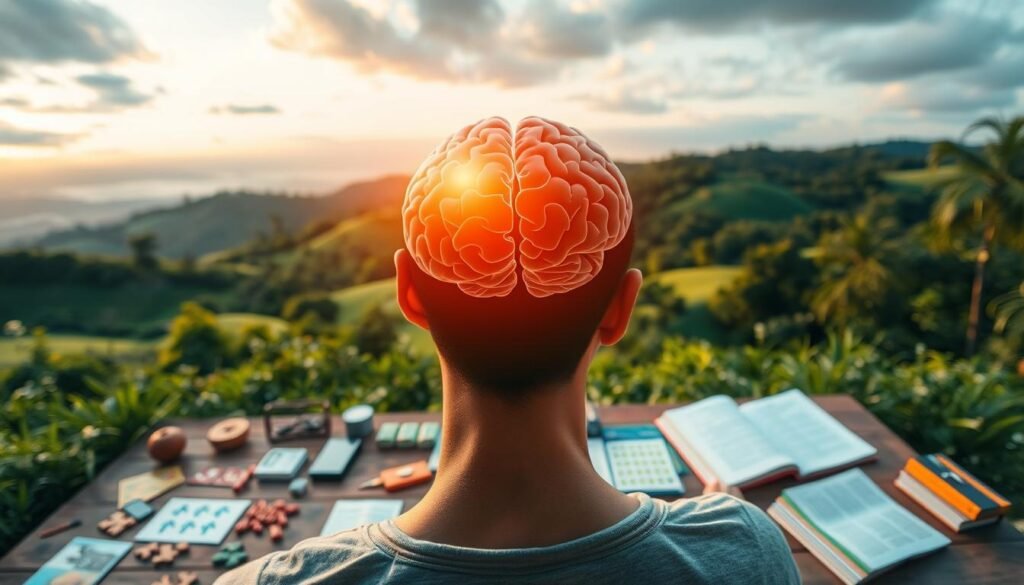 A vibrant scene of an active and engaged brain, surrounded by a lush, verdant landscape. In the foreground, a person performing dynamic, mind-stimulating exercises, their form captured in a cinematic, wide-angle shot with a shallow depth of field. The middle ground features various cognitive-enhancing activities, such as puzzles, memory games, and reading material, all bathed in warm, natural lighting. In the background, a serene backdrop of rolling hills, a calming sky, and a sense of tranquility, symbolizing the restorative power of physical activity on mental well-being. The overall mood is one of vitality, focus, and harmony, conveying the profound benefits of a holistic approach to brain health.