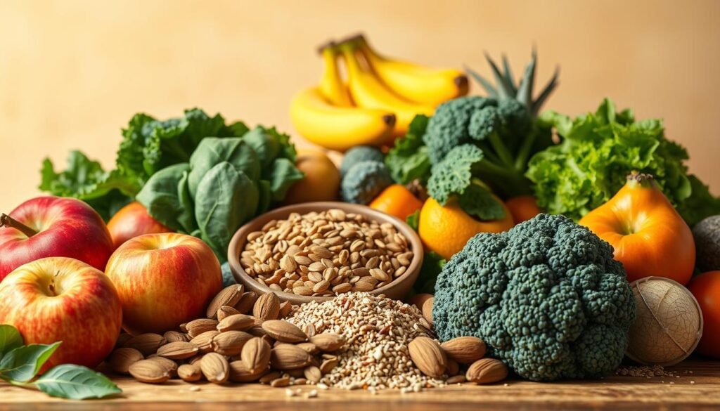 A vibrant still life composition showcasing an array of natural, wholesome foods that promote dopamine regulation. In the foreground, a variety of fresh fruits and vegetables, including apples, bananas, spinach, and broccoli, are arranged with care. The midground features a selection of nuts, seeds, and whole grains, such as almonds, chia seeds, and quinoa, symbolizing their role in dopamine balance. In the background, a soft, warm lighting illuminates the scene, creating a serene, inviting atmosphere. The overall composition conveys a sense of nutritional abundance and the power of a well-rounded, dopamine-regulating diet.