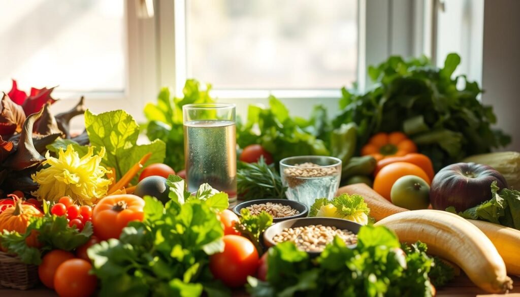 A vibrant still life depicting the interplay of nutrition and longevity. In the foreground, a cornucopia of fresh, colorful produce - leafy greens, crisp vegetables, ripe fruits - arranged with artful elegance. Soft, natural lighting illuminates the scene, casting gentle shadows and highlighting the lush textures. In the middle ground, a glass of clear, sparkling water sits alongside a small bowl of whole grains and seeds, symbolizing the balance of hydration and whole, nourishing foods. The background features a serene, minimalist setting - perhaps a sun-dappled windowsill or a rustic wooden table - allowing the vibrant, life-affirming elements to take center stage. The overall mood is one of vitality, wellness, and the promise of a productive, long-lived life fueled by mindful, healthful nutrition.