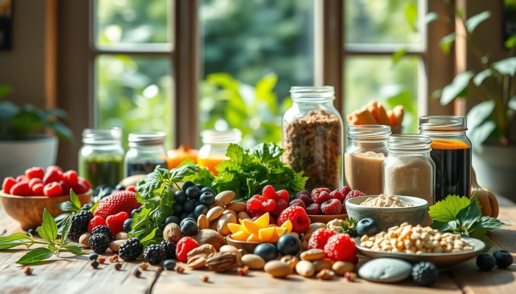 A vibrant still life scene of various brain-boosting superfoods, captured in natural sunlight with a shallow depth of field. In the foreground, a selection of fresh berries, nuts, and leafy greens, arranged artfully on a rustic wooden table. In the middle ground, glass jars filled with colorful powders and tinctures, hinting at herbal supplements. The background blurs softly, revealing a window overlooking a lush, verdant garden, symbolizing the connection between nutrition and cognitive vitality. The overall composition conveys a sense of balance, nourishment, and the power of mindful consumption to support brain health.
