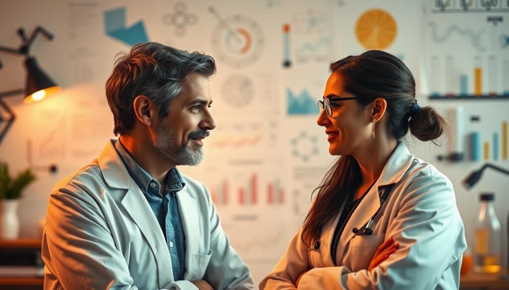 A warm, contemplative scene of a psychologist and nutritionist engaged in a thoughtful discussion, their expressions radiating intellectual curiosity and a desire to connect their disciplines. The figures are positioned in the foreground, facing each other against a softly blurred background of medical and scientific imagery - charts, diagrams, and laboratory equipment that suggest the intersection of behavioral psychology and nutritional science. Warm, diffused lighting casts a contemplative glow, creating a sense of depth and intimacy. The composition is balanced, with a sense of harmony and collaboration between the two professionals.