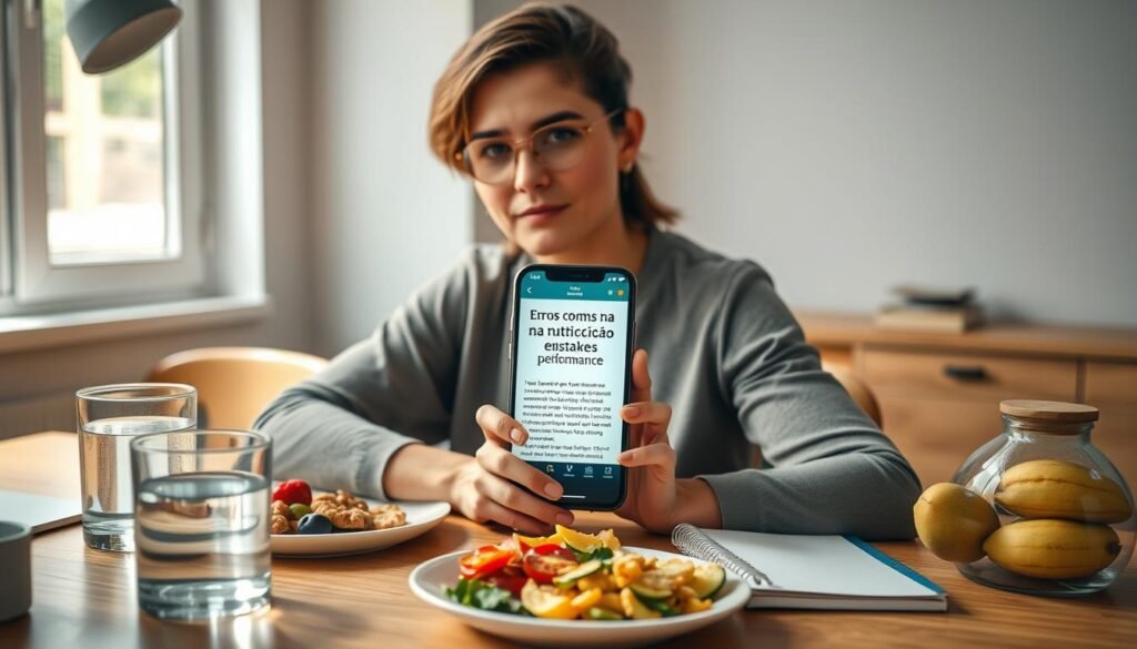 A well-lit, high-resolution image of a person sitting at a desk, surrounded by various nutrition-related items such as a glass of water, a plate of healthy snacks, a notebook, and a smartphone displaying information about common nutrition mistakes for performance. The scene has a warm, focused atmosphere, with natural lighting highlighting the details. The person's expression conveys a thoughtful, engaged mindset, reflecting the subject of "Erros comuns na nutrição para performance". The overall composition emphasizes the importance of strategic nutrition for sustained energy and focus at work.