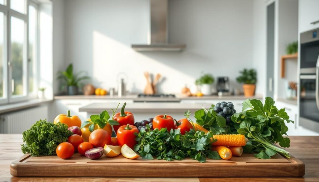 Detailed, high-resolution image of a tranquil, modern kitchen setting with a focus on the preparation of a healthy, balanced meal. In the foreground, an array of fresh, vibrant produce such as leafy greens, colorful vegetables, and herbs arranged on a wooden cutting board. In the middle ground, a sleek, minimalist kitchen counter with various culinary tools and appliances, conveying an atmosphere of organized efficiency. The background features large windows, allowing natural light to flood the space and create a calming, serene ambiance. The overall scene should evoke a sense of mindfulness and intentionality in the practice of "nutrologia comportamental" - the harmonious integration of nutrition science and behavioral health.
