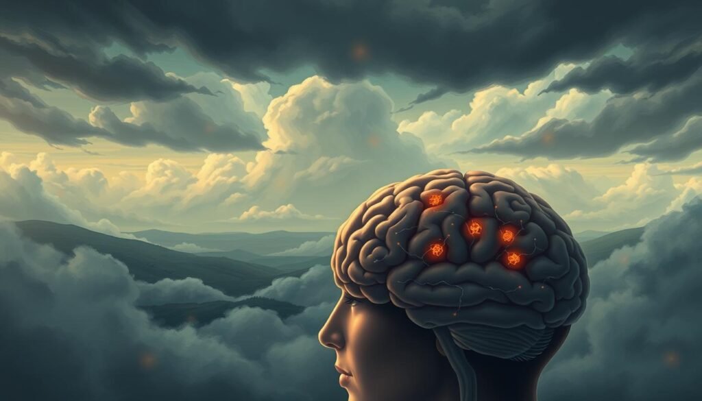 Prompt A detailed illustration showcasing the impact of neuroinflammation on mental health. In the foreground, a human brain is depicted with visible inflammation and neural pathways, conveying the physiological manifestations of this condition. In the middle ground, a serene and tranquil landscape represents the desired state of mental wellbeing, contrasted with the turbulent and chaotic emotional state expressed through roiling clouds and somber colors in the background. Soft, muted lighting casts a contemplative atmosphere, emphasizing the delicate balance between physical and mental health. The overall composition aims to capture the complex interplay between the neurological and psychological aspects of this topic.