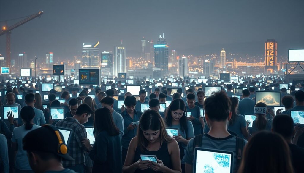 A densely interconnected digital society, where screens and devices dominate the foreground, casting a soft, warm glow across the scene. In the middle ground, people of all ages are immersed in their virtual worlds, their faces illuminated by the ever-present technological interfaces. The background reveals a cityscape, buildings and infrastructure seamlessly integrated with the digital realm, creating a symbiotic relationship between the physical and virtual realms. The overall atmosphere conveys a sense of both connection and isolation, as the hypnotic allure of constant digital engagement has subtly altered the fabric of our modern existence. A densely interconnected digital society, where screens and devices dominate the foreground, casting a soft, warm glow across the scene. In the middle ground, people of all ages are immersed in their virtual worlds, their faces illuminated by the ever-present technological interfaces. The background reveals a cityscape, buildings and infrastructure seamlessly integrated with the digital realm, creating a symbiotic relationship between the physical and virtual realms. The overall atmosphere conveys a sense of both connection and isolation, as the hypnotic allure of constant digital engagement has subtly altered the fabric of our modern existence.