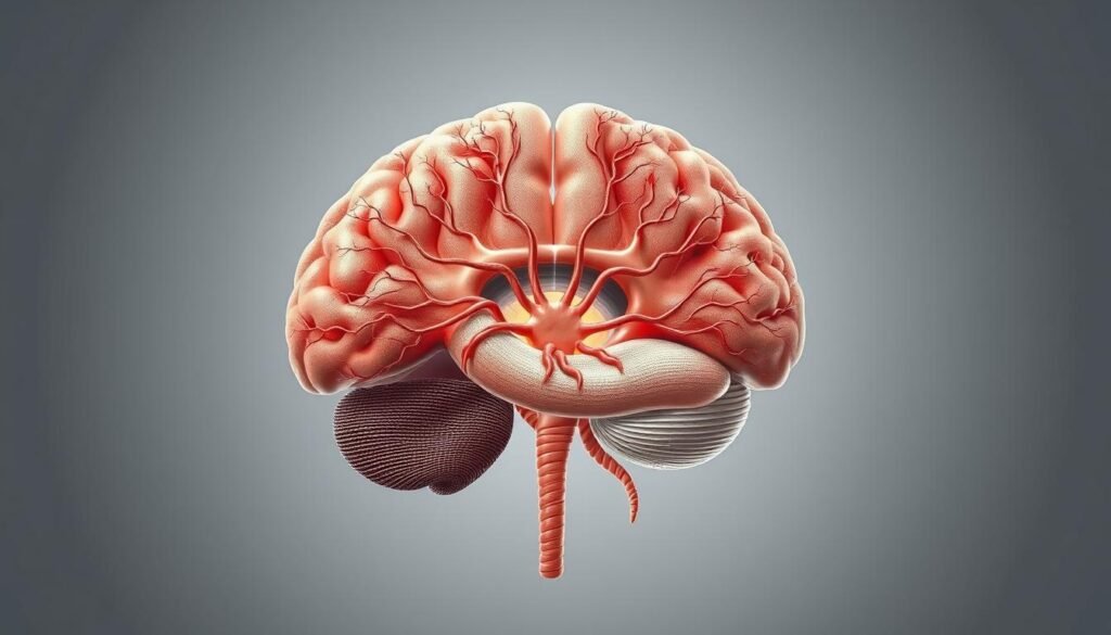 A detailed cross-section of the HPA (Hypothalamic-Pituitary-Adrenal) axis, the central command center of the body's stress response system. The image should depict the interconnected structures and hormonal pathways, including the hypothalamus, pituitary gland, and adrenal glands, rendered in a technical, scientific style. Show the intricate network of neurons, glands, and blood vessels, with accurate anatomical details and a neutral color palette. Employ realistic lighting to create depth and dimensionality, capturing the complexity and importance of this vital hormonal system. The overall mood should be informative and educational, inviting the viewer to better understand the inner workings of the HPA axis and its role in the body's stress response.