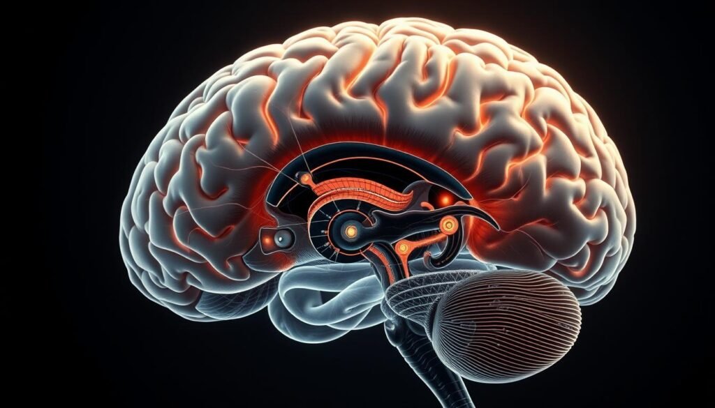 A detailed cross-section of the human brain, revealing the intricate neural pathways and mechanisms underlying intrusive thoughts. A softly lit, high-resolution anatomical illustration showcasing the limbic system, amygdala, and prefrontal cortex, the key areas involved in the generation and regulation of these persistent mental experiences. The image should convey a sense of complexity, delicacy, and the subtle interplay of different brain regions, all rendered in a muted, scientific palette that underscores the seriousness of the subject matter. The overall composition should strike a balance between technical precision and a sense of thoughtful contemplation, inviting the viewer to ponder the workings of the mind.