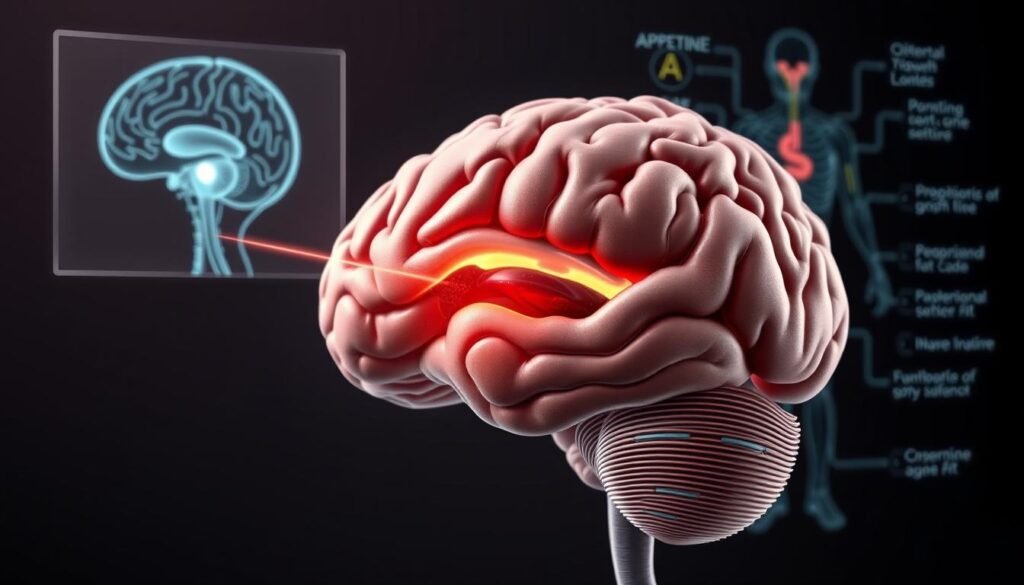 A detailed illustration of the human brain controlling the body's weight regulation mechanisms. In the foreground, a cross-section of the hypothalamus region is prominently displayed, depicting the complex neural pathways and hormonal signals that govern appetite, metabolism, and fat storage. In the middle ground, a holographic visualization showcases the intricate feedback loops between the brain, digestive system, and peripheral tissues. In the background, a stylized anatomical diagram highlights the broader connections between the central nervous system, endocrine glands, and overall body composition. Rendered in a clean, scientific style with muted colors and subtle lighting to convey a sense of precision and insight into this fundamental biological process.