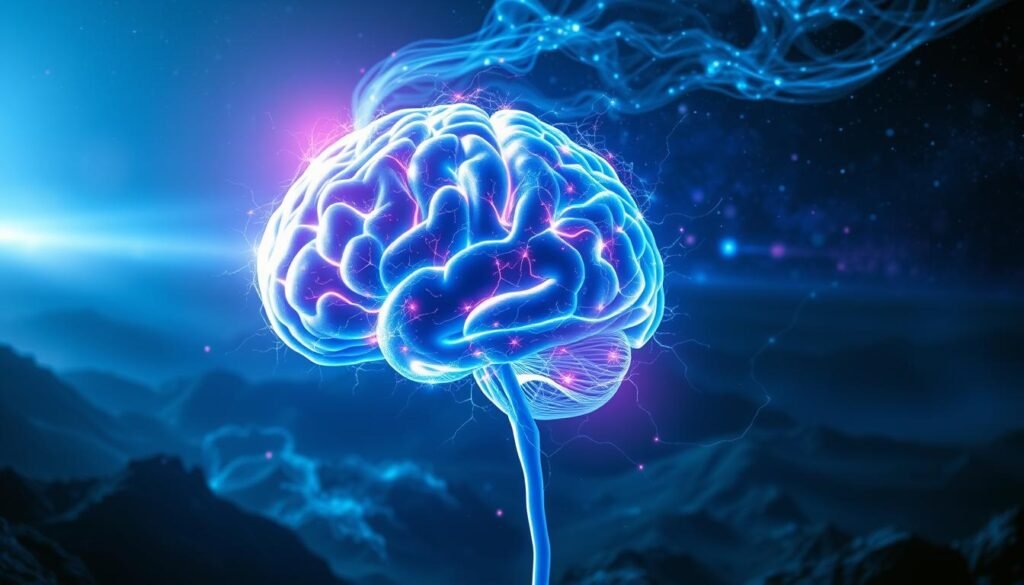 A dramatic, ethereal scene depicting the "transformation of the brain". In the foreground, a glowing, pulsating brain takes center stage, rendered in vibrant hues of blues, purples, and whites. The brain appears to be in a state of flux, with neural pathways and synapses firing and reconfiguring dynamically. In the middle ground, a swirling, ethereal energy field surrounds the brain, hinting at the deeper processes of neuroplasticity and neurogenesis. The background is a vast, cosmic landscape, with distant galaxies and celestial bodies visible, suggesting the vastness and complexity of the human mind. Dramatic lighting casts dramatic shadows and highlights, creating an atmosphere of wonder and awe. The overall impression is one of transformation, potential, and the incredible power of the human brain.