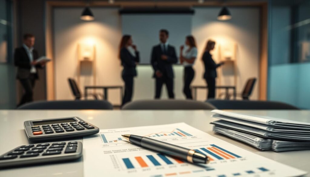 A financial report showcasing the economic impact of mental health on organizations, displayed on a sleek, modern desk. In the foreground, a calculator, pen, and papers with charts and figures represent the quantitative data. In the middle ground, the silhouettes of employees discuss mental health concerns, their body language reflecting the tension. The background features an office environment with muted colors, subtle lighting, and a sense of professional, yet thoughtful atmosphere. The overall scene conveys the complex interplay between organizational productivity, financial performance, and employee well-being.