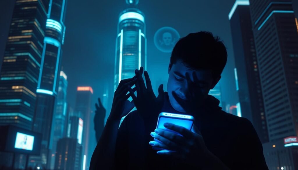 A futuristic cityscape at night, with towering skyscrapers and neon lights casting an eerie glow. In the foreground, a person is hunched over a glowing smartphone, their face cast in the harsh blue light. Around them, disembodied hands and faces emerge from the digital ether, representing the overwhelming tide of social media, notifications, and online stimuli. The scene conveys a sense of isolation, addiction, and the cognitive strain of the modern digital landscape. Moody lighting, a dramatic depth of field, and a surreal, almost dystopian atmosphere emphasize the "emerging disorders" of the digital age.