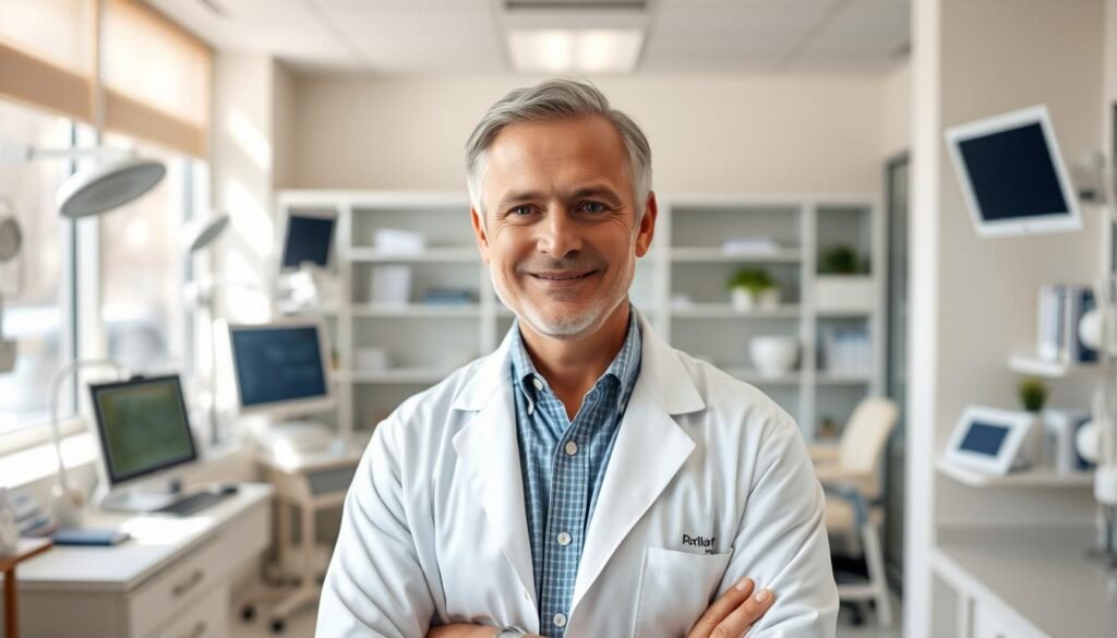 A middle-aged man with a warm, friendly demeanor stands confidently in a modern, well-equipped medical office. Dressed in a crisp white lab coat, he embodies the expertise and compassion of a pioneering physician. The office is bathed in soft, natural light, creating a serene and inviting atmosphere. The man, Dr. Jo Furlan, exudes a sense of purpose and innovation, symbolizing the integration of nutrition and neuroscience that is transforming healthcare. His gaze is direct yet thoughtful, reflecting the depth of his knowledge and his commitment to holistic patient care. The scene conveys a sense of progress, with the doctor as a central figure guiding the future of medical practice.