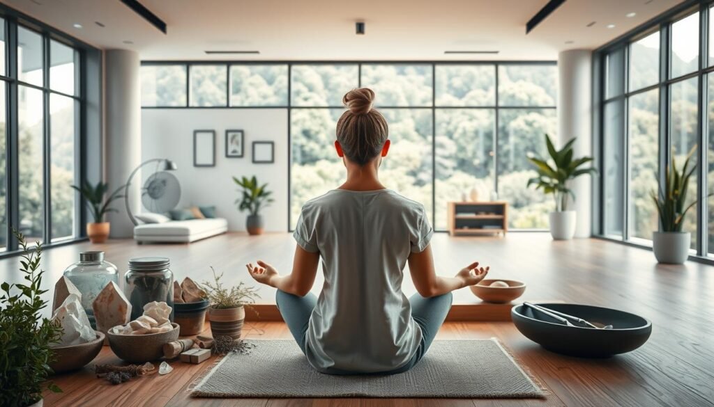 A modern, integrative healthcare scene. In the foreground, a person in a relaxed, meditative pose, surrounded by holistic elements like crystals, herbs, and natural lighting. The middle ground features a blend of traditional and contemporary medical tools, symbolizing the integration of conventional and alternative approaches. In the background, a serene, minimalist healthcare facility with large windows overlooking a lush, verdant landscape. The overall atmosphere exudes a sense of balance, tranquility, and a holistic approach to wellness. Warm, natural tones and soft, diffused lighting create a calming, inviting ambiance.