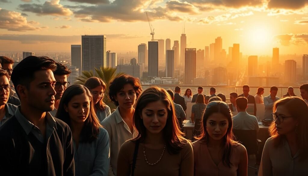 A panoramic landscape depicting the state of corporate mental health in Brazil. In the foreground, a diverse group of employees, their expressions reflecting the stresses and challenges they face in the workplace. The middle ground showcases a bustling office environment, with desks, computers, and the subtle signs of burnout and anxiety. In the background, a skyline of towering office buildings, casting long shadows that symbolize the overwhelming pressures and complexities of the modern corporate world. The scene is illuminated by warm, diffused lighting, conveying a sense of melancholy and introspection. The overall atmosphere evokes the need for greater understanding, support, and reform in addressing the mental health crisis affecting Brazil's workforce.