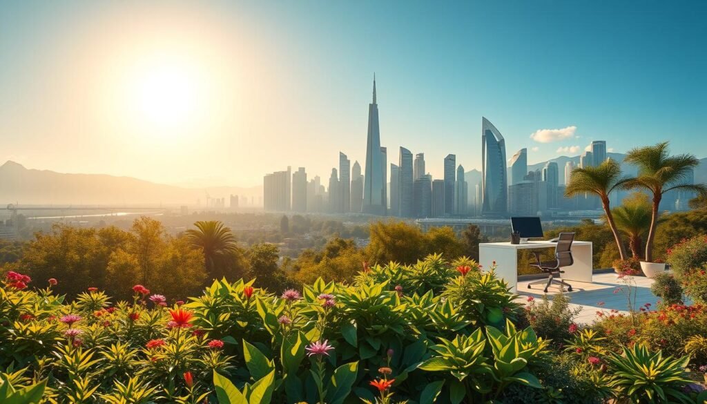 A panoramic vista of a peaceful, sun-drenched landscape. In the foreground, a lush, verdant garden teeming with vibrant flora and fauna, symbolizing the vitality and rejuvenation of the mind and body. The middle ground features a modern, ergonomic workspace, its clean lines and efficient design conveying the harmony between productivity and longevity. In the background, a towering, futuristic city skyline, its gleaming skyscrapers and bustling energy representing the boundless potential of a society that embraces the concept of lifelong learning and professional fulfillment. The scene is illuminated by a warm, golden light, casting a serene, contemplative mood and suggesting the balance between work, leisure, and self-care that embodies the essence of "conceito longevidade produtiva." A panoramic vista of a peaceful, sun-drenched landscape. In the foreground, a lush, verdant garden teeming with vibrant flora and fauna, symbolizing the vitality and rejuvenation of the mind and body. The middle ground features a modern, ergonomic workspace, its clean lines and efficient design conveying the harmony between productivity and longevity. In the background, a towering, futuristic city skyline, its gleaming skyscrapers and bustling energy representing the boundless potential of a society that embraces the concept of lifelong learning and professional fulfillment. The scene is illuminated by a warm, golden light, casting a serene, contemplative mood and suggesting the balance between work, leisure, and self-care that embodies the essence of "conceito longevidade produtiva."