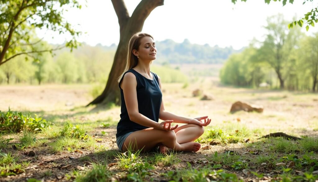 A peaceful, secluded outdoor setting with a person sitting cross-legged on the ground, surrounded by lush greenery and natural elements. The person is disconnecting from digital devices, eyes closed in meditation, with a serene expression on their face. Soft, natural lighting filters through the trees, creating a calming atmosphere. The background features a simple, minimalist landscape devoid of any technology or modern distractions, emphasizing the intentional disconnection from the digital world.