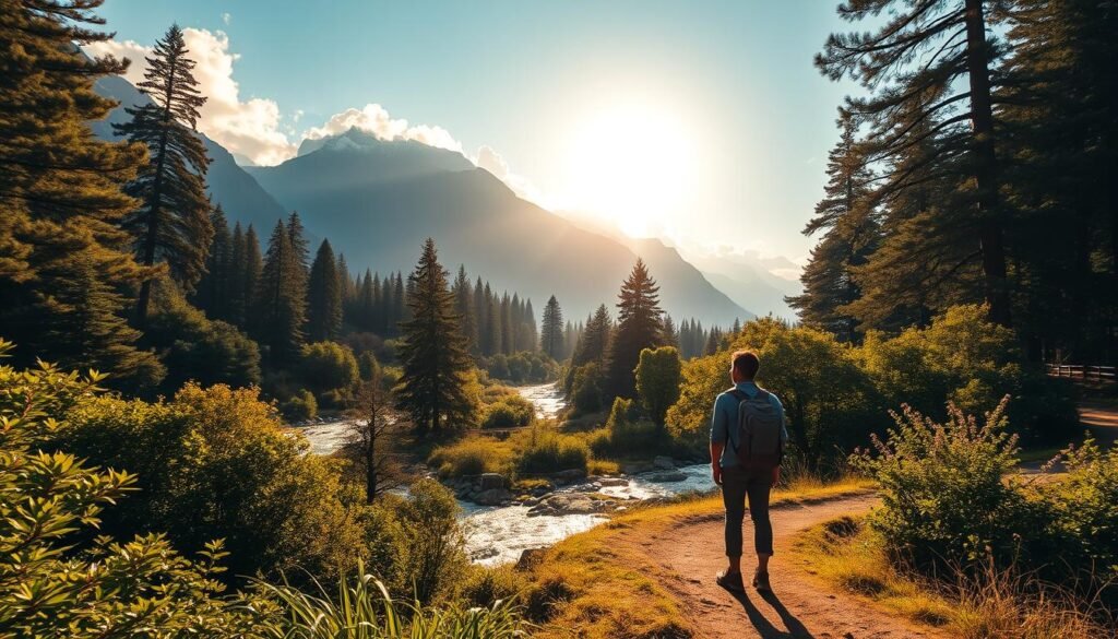A peaceful, tranquil scene featuring a traveler exploring a serene natural environment. In the foreground, a person with a backpack stands on a winding path, taking in the beauty of the surroundings. The middle ground shows lush, verdant foliage, with a sparkling stream or river flowing gently through the landscape. In the background, towering mountains rise majestically, their peaks touched by wispy clouds. Warm, golden sunlight filters through the trees, casting a soothing glow over the entire scene. The overall mood is one of relaxation, rejuvenation, and a deep appreciation for the restorative power of nature. The image conveys a sense of the health benefits that can be gained from immersing oneself in the great outdoors during travel.