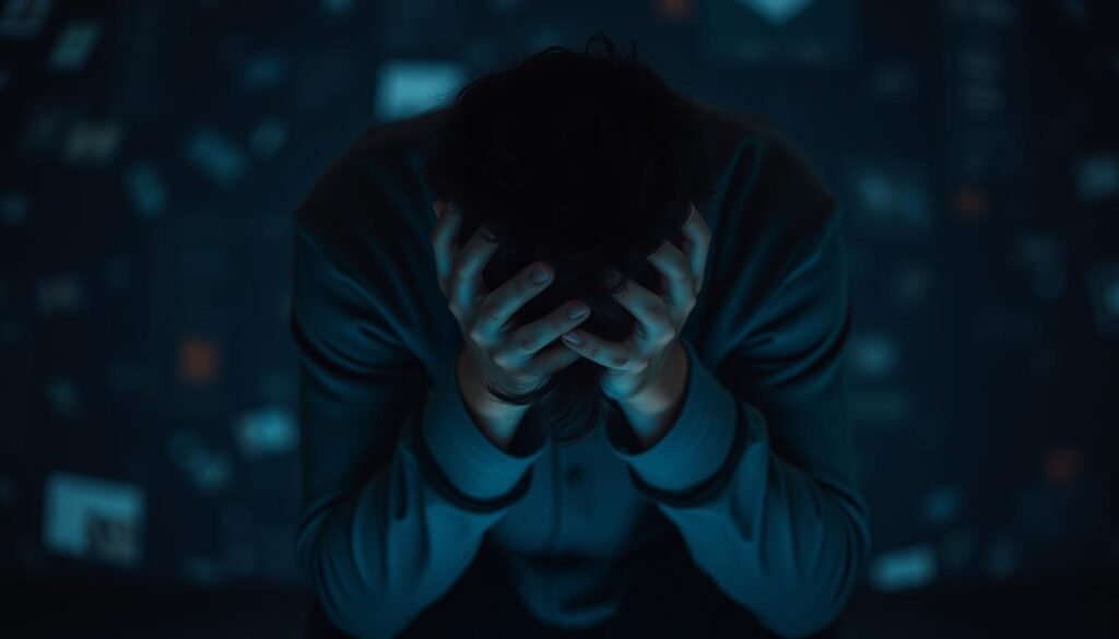 A person hunched over, shoulders slouched, head in hands, overwhelmed by the weight of anxiety and depression caused by excessive digital screen time. The lighting is dim, creating a somber, melancholic atmosphere. The background is a hazy blur of technology, representing the digital world that has become overbearing. The figure is isolated, highlighting the emotional isolation and disconnection felt in the modern, technology-driven landscape. The composition emphasizes the subject's inner turmoil, conveying the high emotional cost of the digital age.
