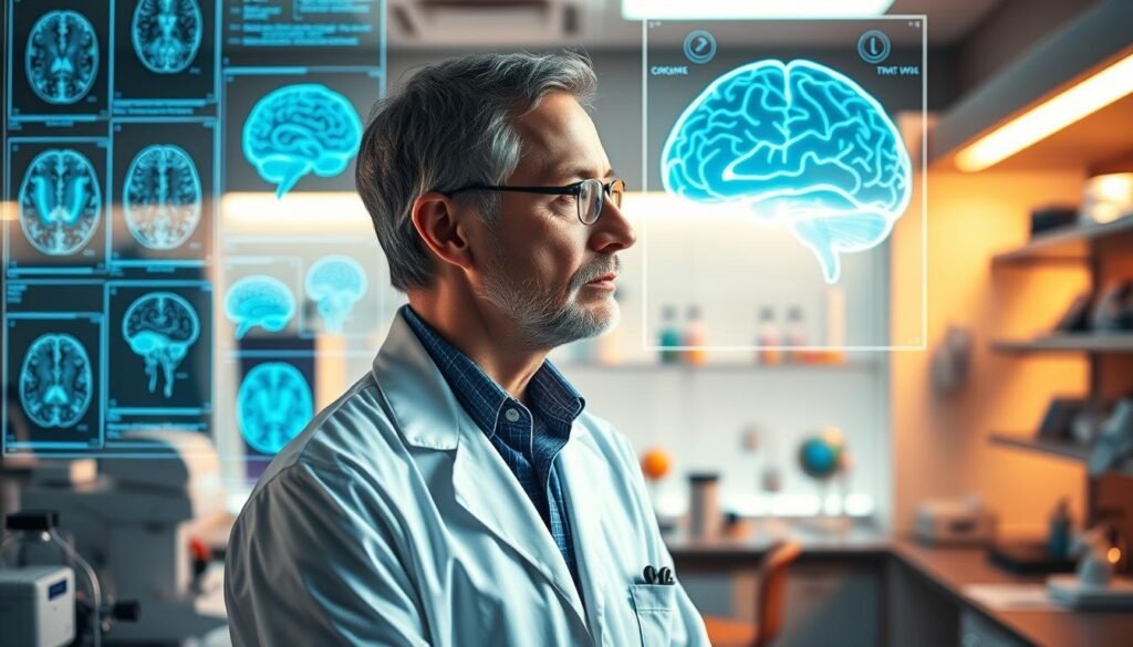 A portrait of Dr. Jo Furlan, a renowned neuroscientist, standing in a bright, modern research laboratory. The foreground features Dr. Furlan, wearing a white lab coat, gazing intently at a holographic display depicting brain scans and data visualizations. The middle ground showcases various scientific equipment and instruments, suggesting an innovative, cutting-edge approach to understanding the brain. The background is bathed in a soft, warm lighting, creating a contemplative and focused atmosphere, hinting at the depth of Dr. Furlan's research and the transformative potential of his "brain-centric" approach to weight loss. The overall composition conveys a sense of scientific expertise, intellectual curiosity, and a pioneering spirit dedicated to unlocking the mysteries of the human brain.