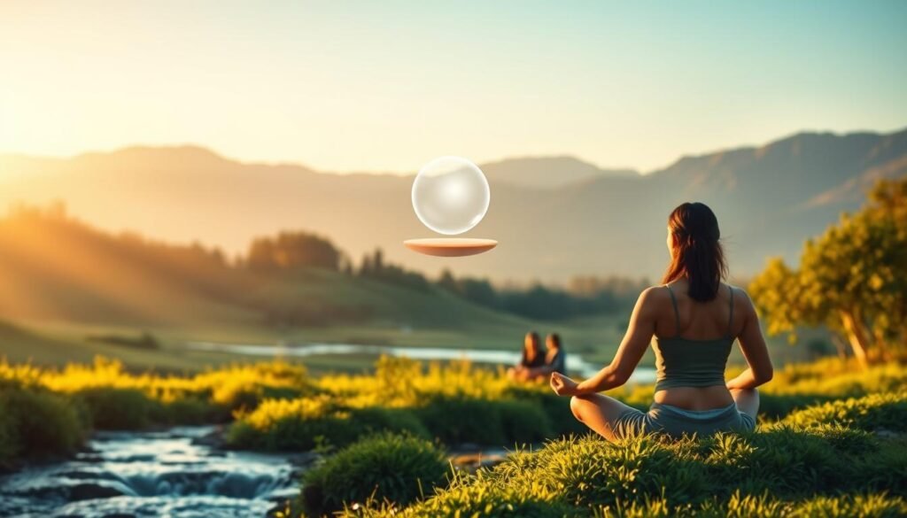 A serene and holistic landscape showcasing the interconnectedness of mental well-being. In the foreground, a person in a meditative pose, surrounded by lush greenery and a flowing stream. The middle ground features a floating sphere of light, representing the balance of mind, body, and spirit. In the background, a tranquil mountain range bathed in warm, golden light, creating a sense of harmony and inner peace. The scene is captured with a wide-angle lens, allowing for a panoramic view that evokes a calming, contemplative atmosphere. Soft, diffused lighting illuminates the scene, emphasizing the gentle, nurturing energy of this holistic approach to mental health.