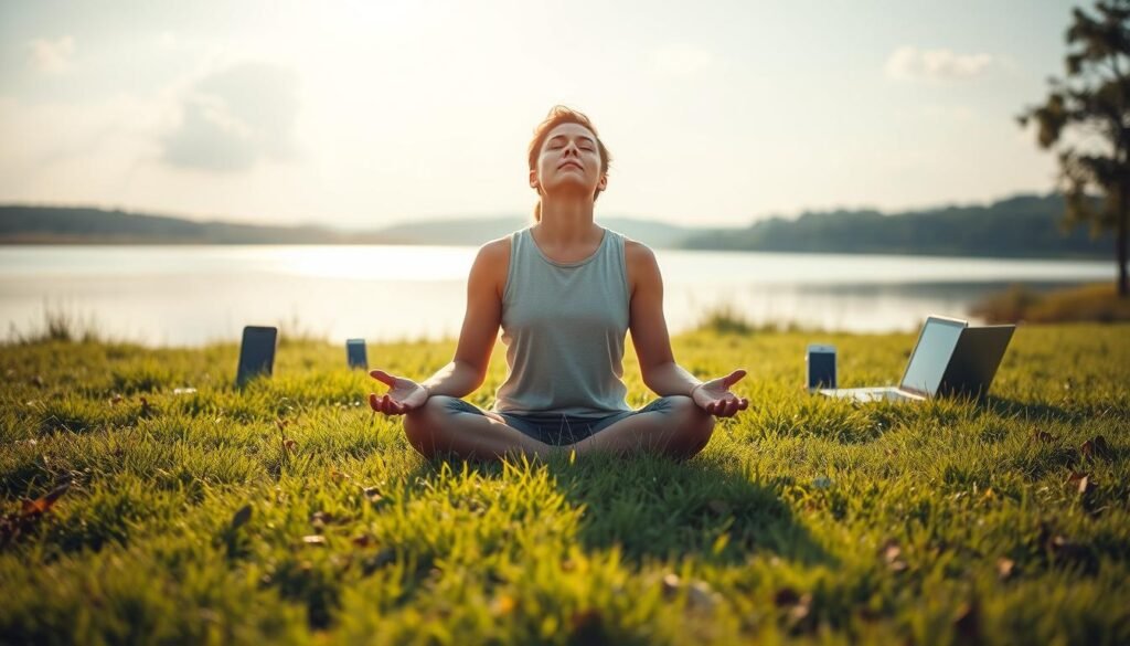 A serene digital landscape, bathed in a warm, natural light. In the foreground, a person sitting cross-legged on a lush, verdant meadow, eyes closed, basking in a sense of inner peace and clarity. The middle ground features various digital devices - smartphones, laptops, tablets - gently fading into the background, symbolizing a temporary respite from the constant digital stimuli. In the distance, a tranquil lake reflects the cloudless sky, further enhancing the calming, restorative atmosphere. The overall scene conveys a harmonious balance between the digital and the natural, suggesting the profound benefits of a digital detox for physical, mental, and emotional well-being.