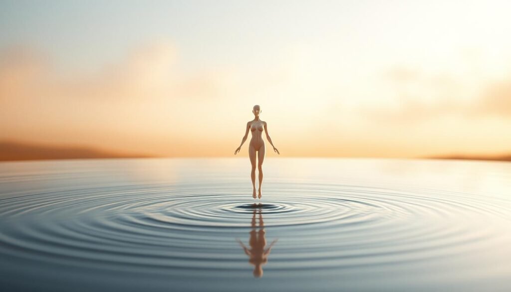 A serene, ethereal scene depicting the differentiation between intrusive and common thoughts. In the foreground, a delicate figure emerges, its form translucent and ethereal, representing the elusive nature of intrusive thoughts. The middle ground features a rippling pool of water, reflecting the figure and creating a sense of duality and contemplation. In the background, a softly blurred landscape suggests a tranquil, contemplative environment, allowing the viewer to focus on the central figure and its symbolic significance. Warm, diffused lighting bathes the scene, evoking a sense of calm introspection. Soft, muted colors and a gentle haze create an atmosphere of introspection and self-reflection, guiding the viewer to differentiate between the intrusive and the common.
