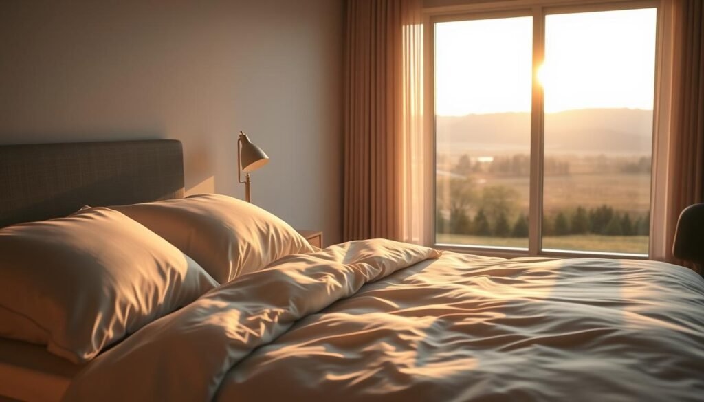A serene, minimalist bedroom scene bathed in soft, golden-hour lighting. In the foreground, a neatly made bed with high-quality linens and plush pillows, inviting a restful sleep. The middle ground features a nightstand with a simple, elegant lamp casting a warm glow. In the background, a large window overlooks a tranquil, natural landscape, promoting a sense of calmness and rejuvenation. The overall mood is one of peace, comfort, and well-being, highlighting the benefits of a digital detox for improved sleep quality and brain health.