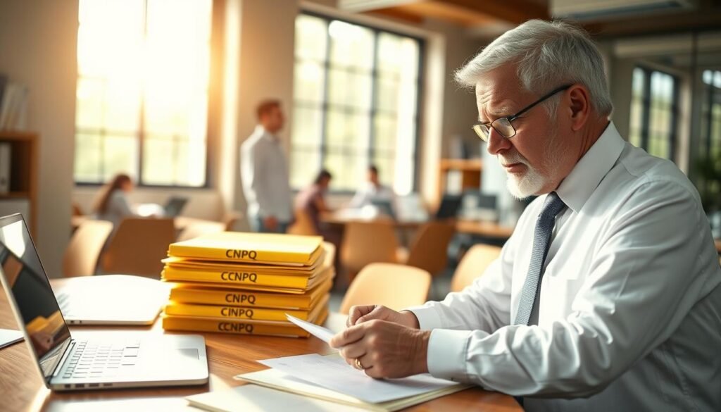 A serene office environment with a large wooden desk, the surface covered in stacks of research documents and a laptop. On the desk, a stack of vibrant yellow folders labeled "CNPQ" - Brazil's National Council for Scientific and Technological Development. Sunlight streams through large windows, casting a warm glow on the scene. In the foreground, a senior researcher in a crisp white shirt and tie reviews papers, a contemplative expression on their face. The background is softly blurred, hinting at other researchers at work. A sense of professionalism, focus, and the weight of experience pervades the image.