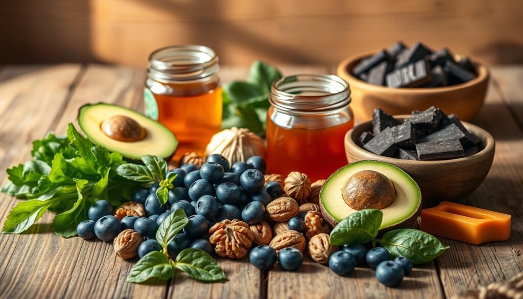 A still life composition depicting a selection of brain-boosting superfoods artfully arranged on a rustic wooden table. In the foreground, a variety of fresh, vibrant produce such as blueberries, walnuts, avocado, and leafy greens. In the middle ground, a glass jar filled with honey and a ceramic bowl of dark chocolate chunks. Warm, directional lighting casts soft shadows, creating a cozy, inviting atmosphere. The overall scene conveys the idea of "intelligent nutrition" - a nourishing, intentional approach to fueling the brain for optimal performance and longevity. A still life composition depicting a selection of brain-boosting superfoods artfully arranged on a rustic wooden table. In the foreground, a variety of fresh, vibrant produce such as blueberries, walnuts, avocado, and leafy greens. In the middle ground, a glass jar filled with honey and a ceramic bowl of dark chocolate chunks. Warm, directional lighting casts soft shadows, creating a cozy, inviting atmosphere. The overall scene conveys the idea of "intelligent nutrition" - a nourishing, intentional approach to fueling the brain for optimal performance and longevity.