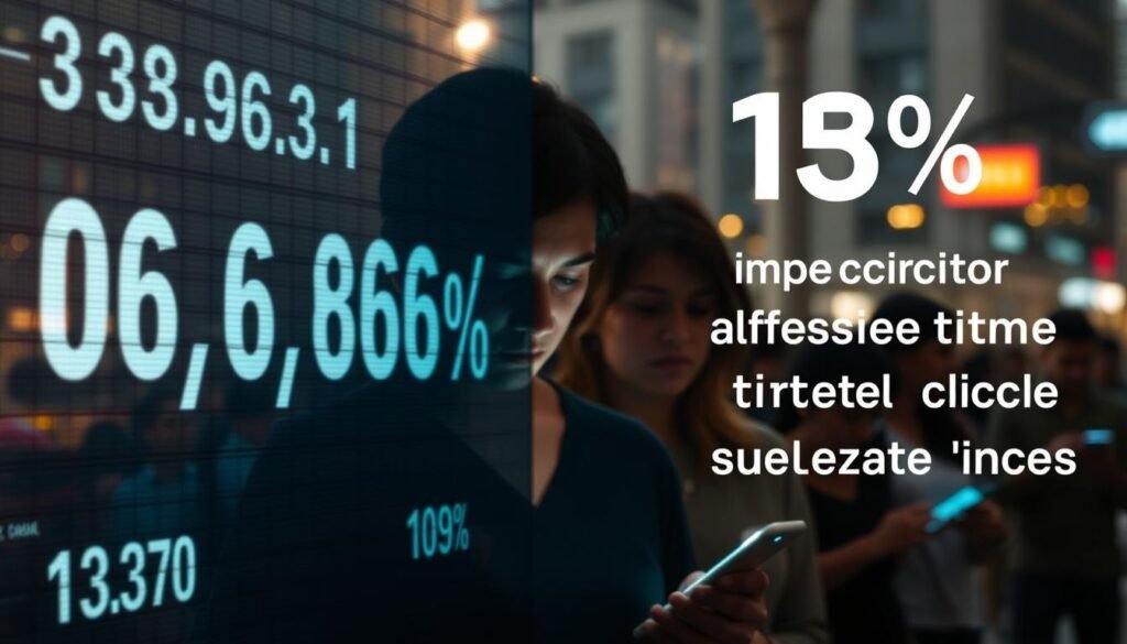 A striking data visualization depicting the alarming statistics of excessive screen time among Brazilians. In the foreground, a large digital graph or chart showcases stark numerical data, illuminated by soft, directional lighting. The middle ground features a group of people, their faces partially obscured by the glow of multiple electronic devices they're absorbed in. The background depicts a blurred urban environment, hinting at the pervasive nature of this issue in modern Brazilian society. The overall mood is one of concern, with a subtle sense of unease underlying the visuals. The composition emphasizes the quantifiable impact of this societal trend, inviting the viewer to reflect on the consequences of excessive screen dependency. A striking data visualization depicting the alarming statistics of excessive screen time among Brazilians. In the foreground, a large digital graph or chart showcases stark numerical data, illuminated by soft, directional lighting. The middle ground features a group of people, their faces partially obscured by the glow of multiple electronic devices they're absorbed in. The background depicts a blurred urban environment, hinting at the pervasive nature of this issue in modern Brazilian society. The overall mood is one of concern, with a subtle sense of unease underlying the visuals. The composition emphasizes the quantifiable impact of this societal trend, inviting the viewer to reflect on the consequences of excessive screen dependency.