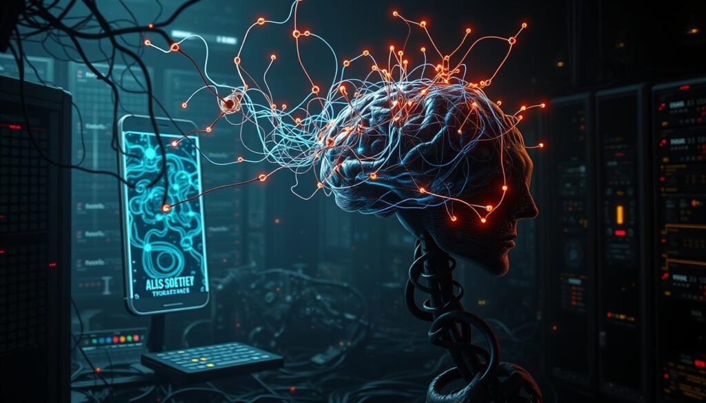 A surreal digital artwork depicting the intricate chemical mechanisms of social media addiction. In the foreground, a disembodied human brain is connected to a tangled web of glowing neural pathways, pulsing with neon-hued neurotransmitters. The middle ground features a translucent smartphone screen, its surface rippling with hypnotic swirls of data. In the background, a chaotic landscape of digital infrastructure - servers, cables, and code - forms a dystopian backdrop. Dramatic chiaroscuro lighting casts dramatic shadows, enhancing the moody, unsettling atmosphere. Rendered in a hyper-detailed, almost photorealistic style to convey the complexity and gravity of the subject matter.