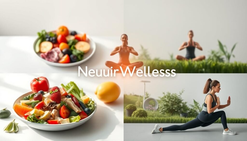 A tranquil scene depicting the four pillars of NeuroWellness - a balanced meal of wholesome, colorful foods, a person practicing gentle yoga poses in a serene outdoor setting, a person meditating in a peaceful garden, and a person engaged in invigorating cardio exercises. The lighting is soft and natural, creating a calming atmosphere. The composition is well-balanced, with the various elements seamlessly integrated. The overall mood is one of harmony, wellness, and mindfulness.