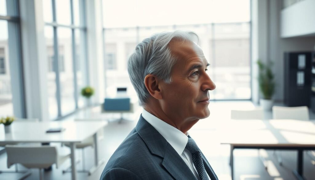 A tranquil, well-lit office setting with natural light streaming through large windows. In the foreground, a senior professional, dressed in a crisp business suit, is engrossed in thoughtful contemplation, their face radiating a sense of calm focus. The middle ground features sleek, modern office furniture and decor, suggesting an environment conducive to productivity and innovation. In the background, a subtle visualization of the human brain, rendered in muted tones, hints at the cognitive processes underlying the subject's senior-level expertise and productivity. The overall atmosphere exudes a sense of wisdom, experience, and the thoughtful application of neuroscience principles in the workplace.