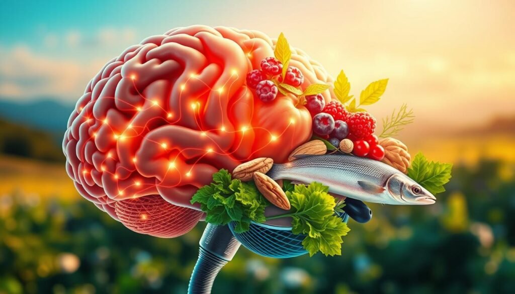 A vibrant, high-resolution illustration depicting the intersection of neuroscience and nutrition for brain health. In the foreground, a detailed cross-section of the human brain, showcasing its intricate neural pathways and glowing synaptic connections. In the middle ground, a variety of healthy, whole food ingredients - leafy greens, berries, nuts, and fish - arranged in a harmonious composition, representing the essential nutrients required for optimal brain function. The background is a softly blurred, serene landscape, conveying a sense of calm and balance. The overall scene is lit by warm, natural lighting, creating a soothing, contemplative atmosphere that invites the viewer to consider the powerful relationship between nutrition and neurological well-being.