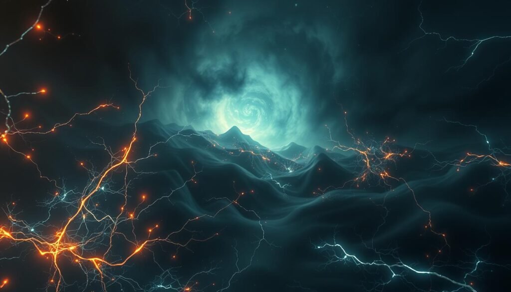 An intense, cerebral battle rages within a mysterious, atmospheric brain landscape. In the ethereal foreground, neural pathways crackle with electric energy, synapses firing in a complex, interconnected dance. Shifting shadows and pulsing lights hint at the unseen forces at play, creating a sense of dynamic tension. The middle ground reveals a turbulent sea of neural networks, undulating waves of information colliding and merging. In the distant background, a swirling, nebulous realm suggests the boundless depths of the human mind, a vast, uncharted territory. Cinematic lighting casts dramatic chiaroscuro effects, heightening the sense of drama and mystery. An otherworldly, high-contrast aesthetic conveys the invisible, cerebral battle unfolding within.